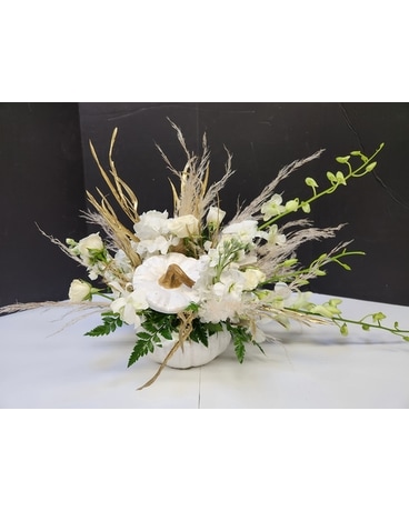 Elegant White Pumpkin Flower Arrangement