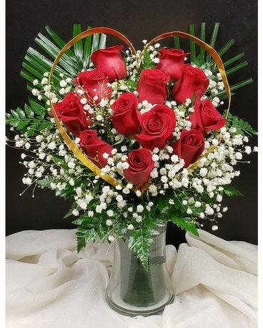 Golden Heart  with Red Roses Flower Arrangement