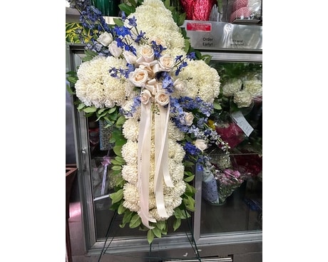 Blue Funeral Cross Flower Arrangement