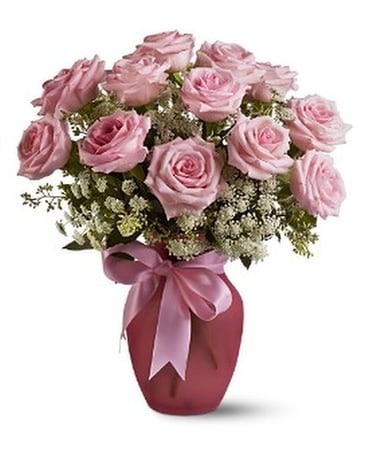 A Dozen Pink Roses and Lace Flower Arrangement