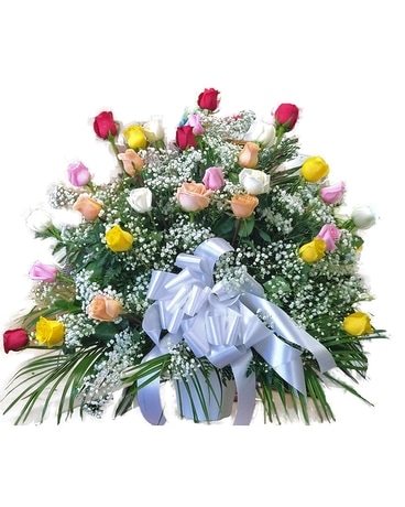 Colorful Rose Mix Traditional Basket Funeral Arrangement