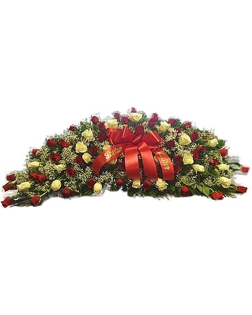 Red & White Roses Casket Spray Funeral Casket Spray Flowers
