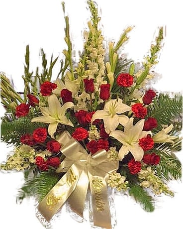 Red & White Mix Traditional Basket Funeral Arrangement
