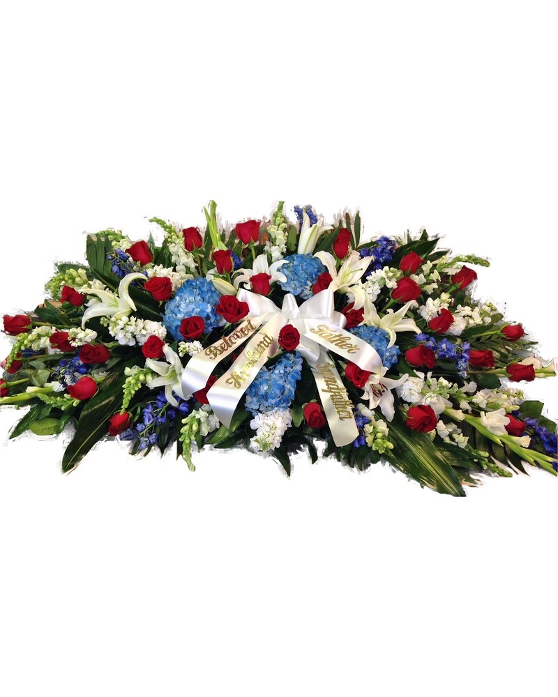 Peace & Serenity Casket Spray- Red, White & Blue in Parma OH