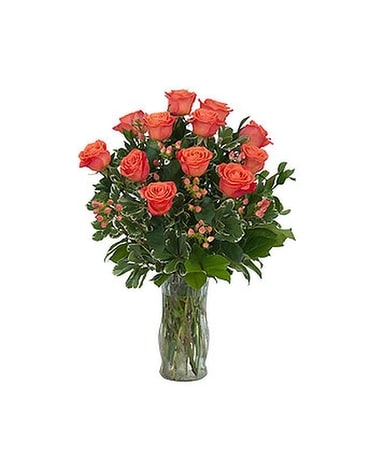 Orange Roses and Berries Vase - by TeamFloral Flower Arrangement