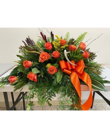 Hunter Orange Casket spray Flower Arrangement
