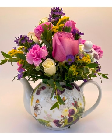 Purple Raspberry Teapot Bouquet Flower Arrangement