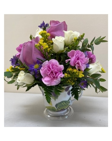 Raspberry Fields Tea Cup Flower Arrangement