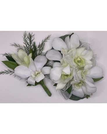 Classic White Orchid Boutonniere and Corsage Combo Flower Arrangement