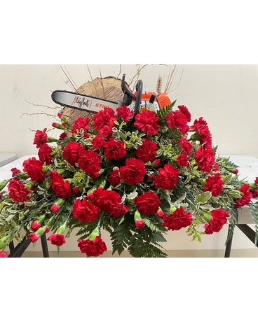 Custom Chainsaw Casket Spray Flower Arrangement