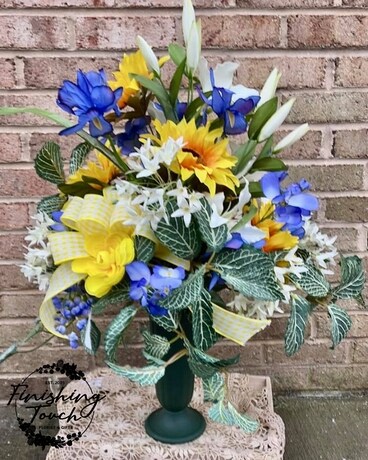 Blue & Yellow Silk Cemetery Vase Specialty Arrangement