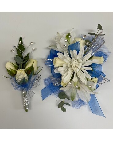 Blue Without You Boutonniere and Corsage Combo Flower Arrangement