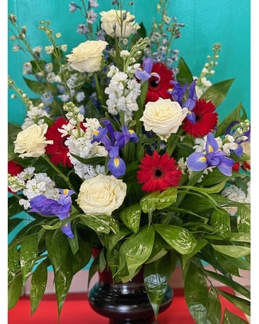 Red, White, and Beautiful Funeral Arrangement