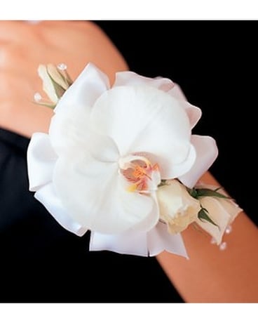 White Orchid and Roses Wristlet Flower Arrangement