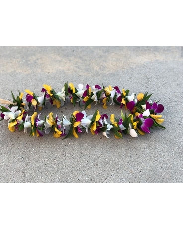 Mixed orchids & Ti leaf lei Flower Arrangement