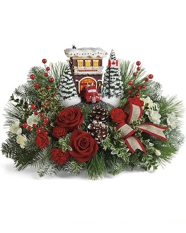 Thomas Kinkade's Festive Fire Station Bouquet Flower Arrangement