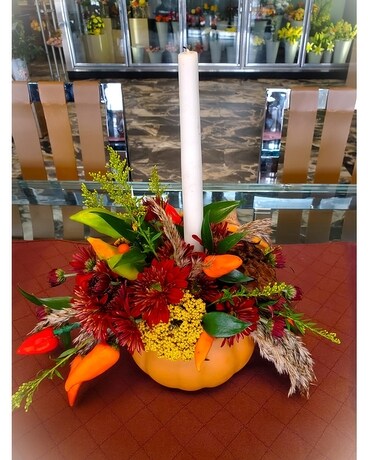 HMF Autumn Pumpkin Candle Centerpiece Flower Arrangement
