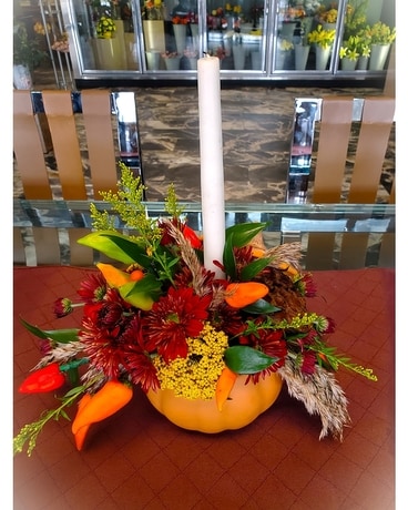 HMF Autumn Pumpkin Candle Centerpiece Flower Arrangement