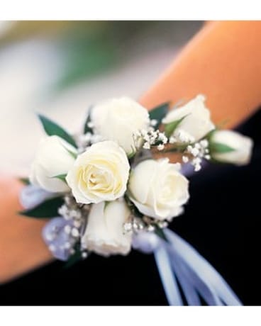 7 White Mini Roses Wristlet Flower Arrangement