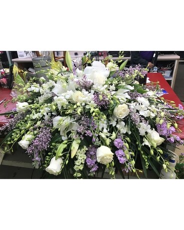 Lavender and White Casket Piece Flower Arrangement