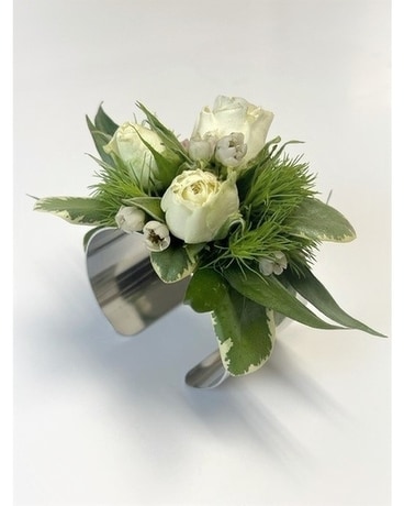 Silver Floral Narrow Cuff Corsage Flower Arrangement
