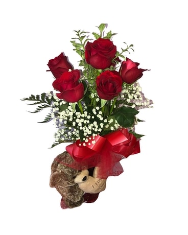 House Special 3: Half-Dozen Roses with Teddy Bear Flower Arrangement