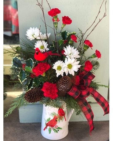 Cardinal Christmas Pitcher Flower Arrangement