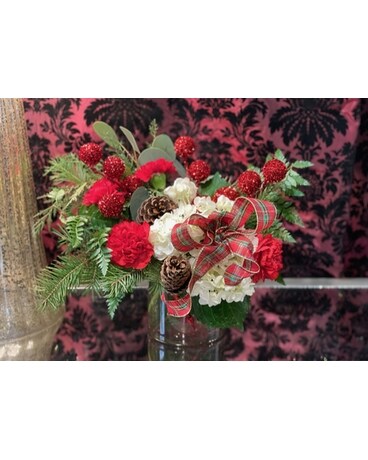 Red Tartan Holidays Cylinder Flower Arrangement