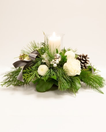 white shimmer rose centerpiece Flower Arrangement