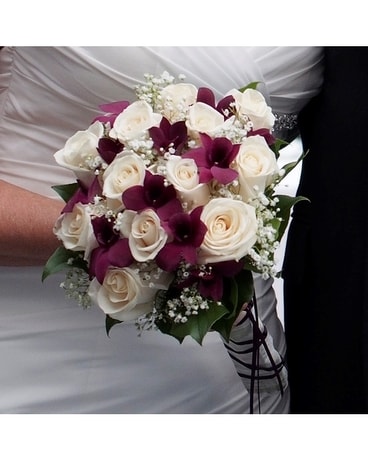 Hand Tied White Rose & Purple Orchid Bouquet Wedding Arrangement