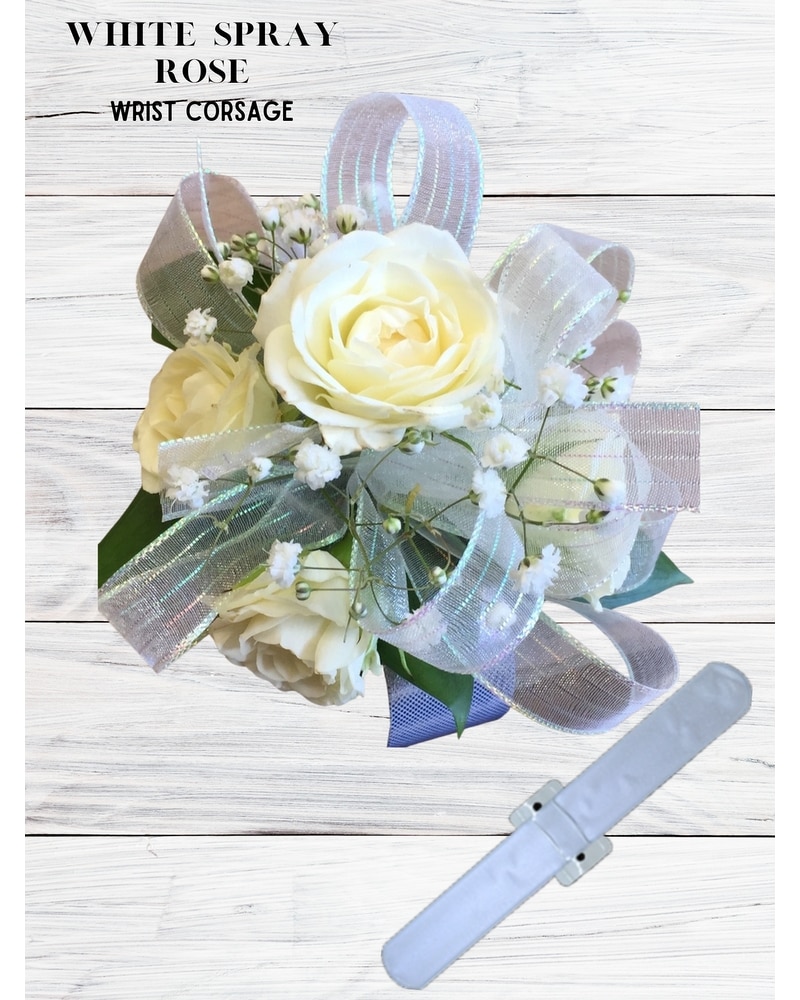 White Spray Rose Wrist Corsage in Ajax ON - Reed's Florist Ltd