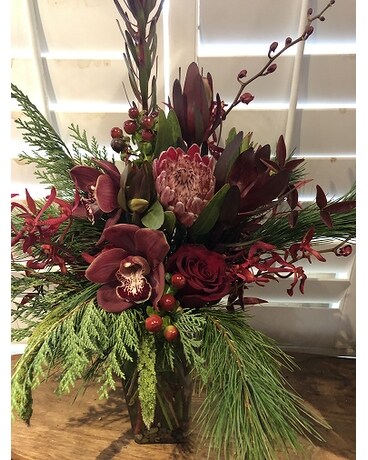 EVERGREEN AND MERLOT Flower Arrangement