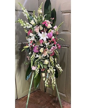 Pinks and whites Standing Spray Funeral Arrangement