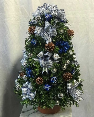 Blue Christmas Boxwood Tree Flower Arrangement