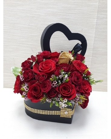 Assorted Red Roses in a Chic Heart Box Flower Arrangement