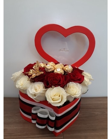 Roses and Chocolates in a Heart Shaped Box Flower Arrangement