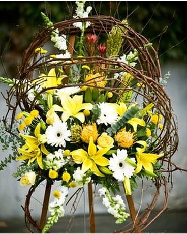 Shattered Grapevine Yellow & White Sympathy Arrangement