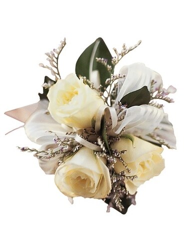 Three White Spray Roses Wrist Corsage Flower Arrangement
