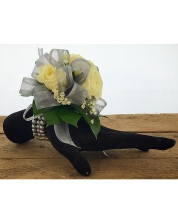 Duchess Pewter Pearl Wristlet Flower Arrangement