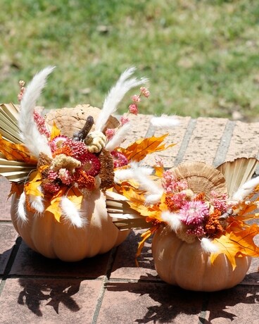 Cream Faux Pumpkin with Handcrafted Preserves Flower Arrangement