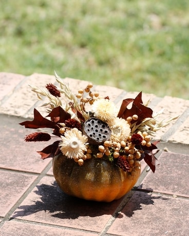 Mixed Faux Pumpkin with Handcrafted Preserves Flower Arrangement