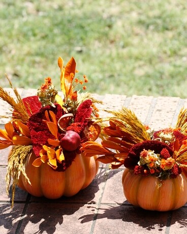 Orange Faux Pumpkin with Handcrafted Preserves Flower Arrangement