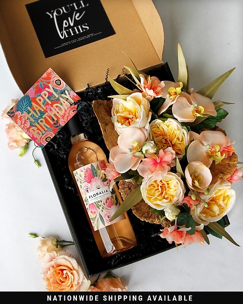 Roses with Eucalyptus Box and Bottle of Wine