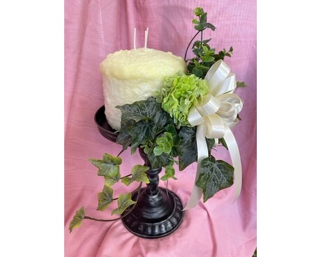 Fragrant Cake Candle on Metal Candle Pedestal Ivy Flower Arrangement