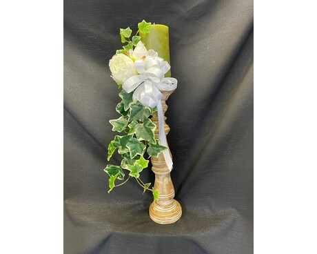 CANDLESTICK WITH SILK FLOWERS & TRAILING IVY Flower Arrangement