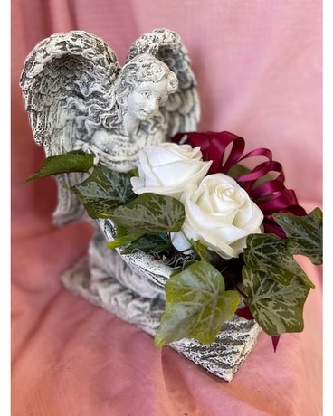 Angel Garden statue with Silk Flowers Flower Arrangement