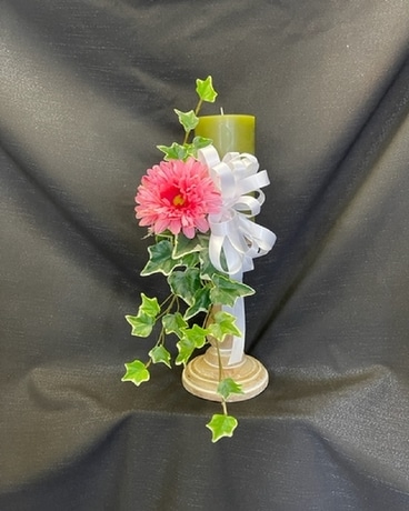 candlestick with pillar candle Silk Flowers & ivy Flower Arrangement