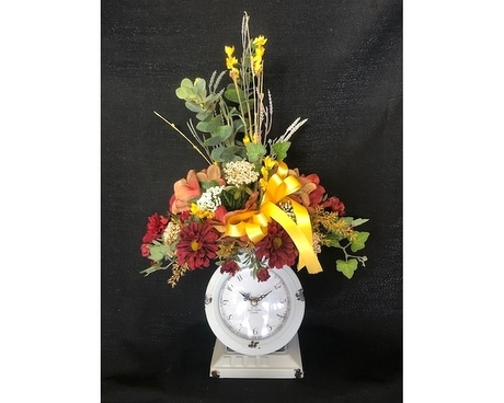 Clock with Silk Flowers Flower Arrangement