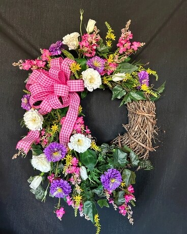 Grapevine Wreath with Spring Silk Flowers & Gumbo Flower Arrangement