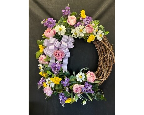 Grapevine Wreath w/ Spring Silk Flowers and Bow Flower Arrangement